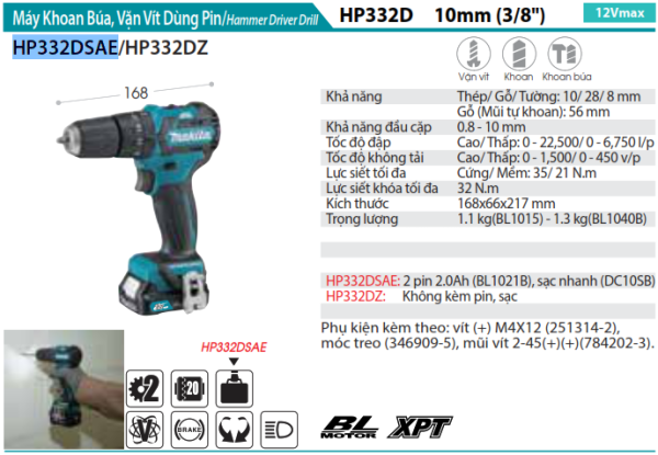 Máy Khoan Búa, Vặn Vít Dùng Pin Makita HP332DSAE (bl) (kèm 02 pin 2.0 + sạc)