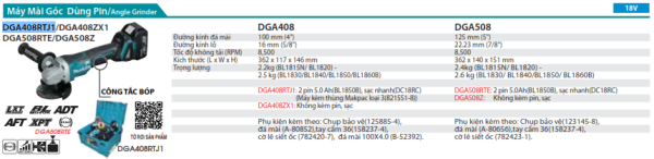Máy Mài Góc Dùng Pin Makita DGA408RTJ1 (100mm/công tắc bóp/ (kèm 02 pin 5.0 + sạc nhanh)
