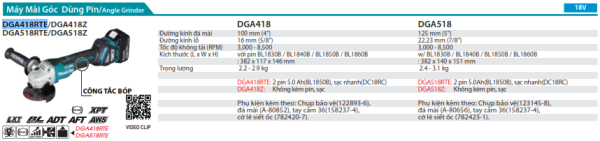 Máy Mài Góc Dùng Pin Makita DGA418RTE (100mm/công tắc bóp/ (kèm 02 pin 5.0 + sạc nhanh)