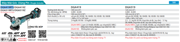 Máy Mài Góc Dùng Pin Makita DGA419RTJ (100mm/công tắc bóp/ (kèm 02 pin 5.0 + sạc nhanh)