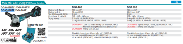 Máy Mài Góc Dùng Pin Makita DGA508RTE (125mm/công tắc bóp/ (kèm 02 pin 5.0 + sạc nhanh)
