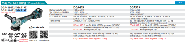 Máy Mài Góc Dùng Pin Makita DGA519Z (125mm/công tắc bóp/ (không kèm pin sạc)