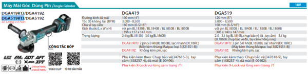 Máy Mài Góc Dùng Pin Makita DGA519RTJ (125mm/công tắc bóp/ (kèm 02 pin 5.0 + sạc nhanh)