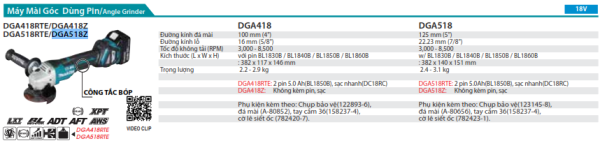 Máy Mài Góc Dùng Pin Makita DGA518Z (125mm/công tắc bóp/ (không kèm pin sạc)