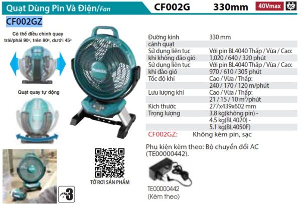 Quạt Dùng Điện Và Pin Makita CF002GZ (40v max/ac) (không kèm pin sạc)