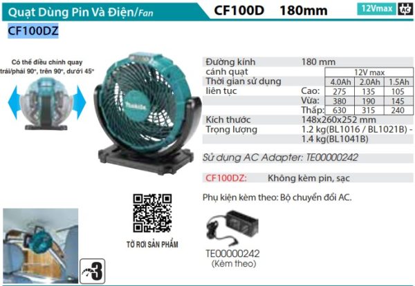 Quạt Dùng Pin Makita CF100DZ (12v max) (không kèm pin sạc)