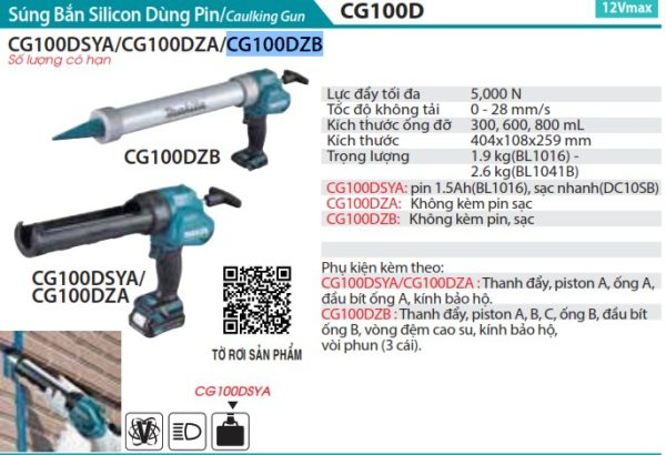 Súng Bắn Silicon Dùng Pin Makita CG100DZB (12v max) (không kèm pin sạc)