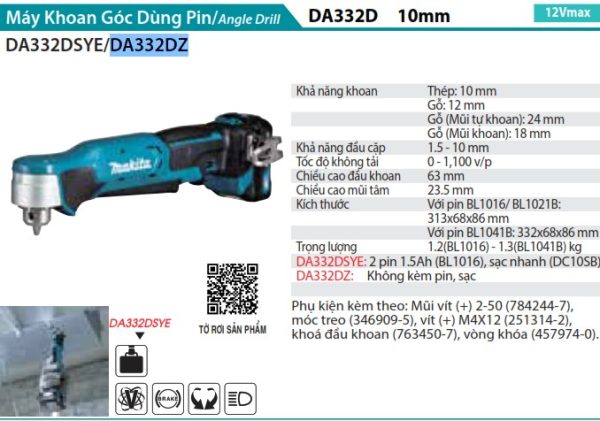 Máy Khoan Góc Makita DA332DZ (12v max) (không kèm pin sạc)