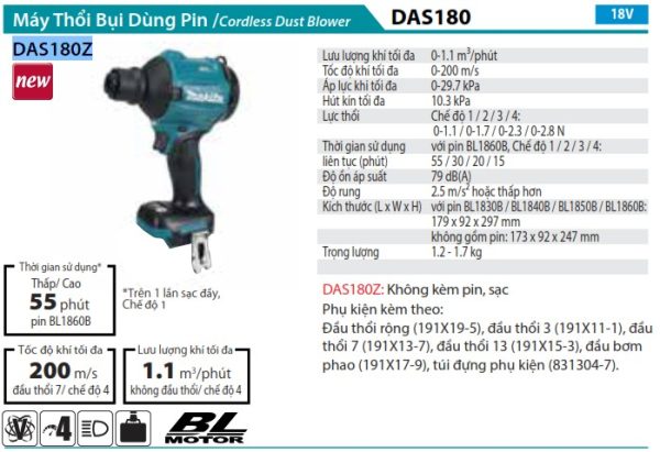 Máy Thổi Bụi Dùng Pin Makita DAS180Z (bl)(18v)