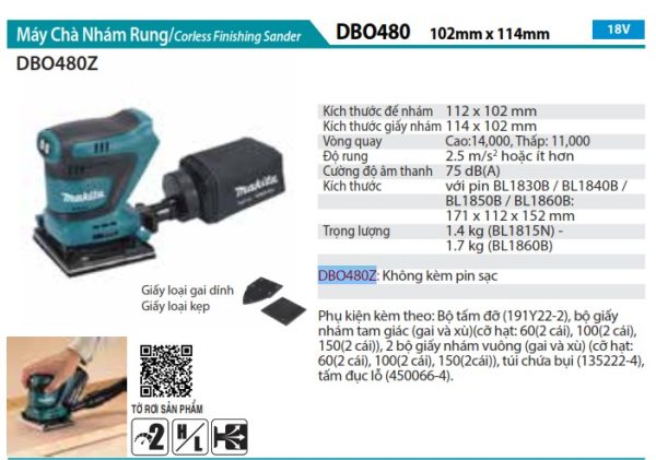 Máy Chà Nhám Rung Dùng Pin Makita DBO480Z (đế nhựa/ (không kèm pin sạc)