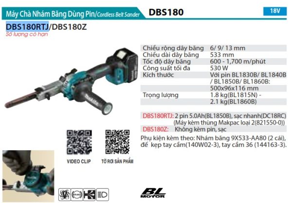 Máy Chà Nhám Băng Dùng Pin Makita DBS180RTJ (9mm x 533mm/b (kèm 02 pin 5.0 + sạc nhanh)