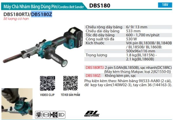 Máy Chà Nhám Băng Dùng Pin Makita DBS180Z (9mm x 533mm/b (không kèm pin sạc)