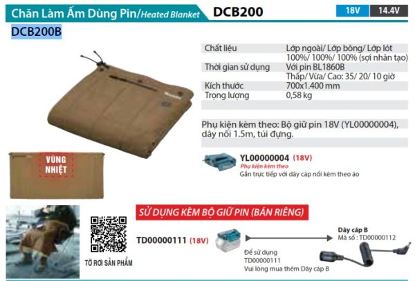 Chăn Làm Ấm Dùng Pin Makita DCB200B (18v/14.4v) (không kèm pin sạc)