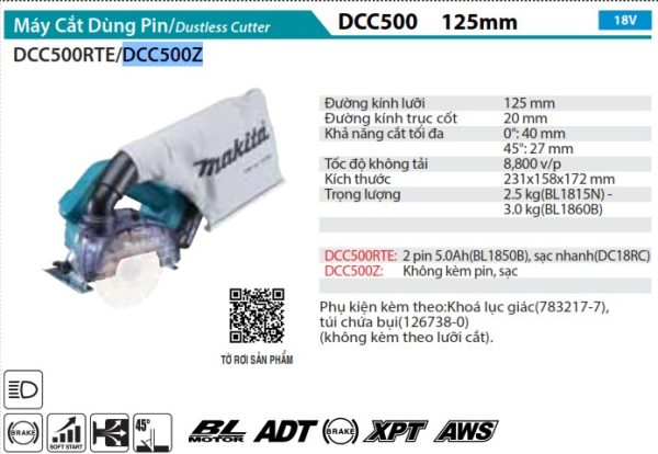 Máy Cắt Dùng Pin Makita DCC500Z (125mm/aws/bl)(18v) (không kèm pin sạc)