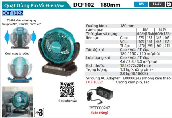 Quạt Dùng Pin Makita DCF102Z (18v) (không kèm pin sạc)