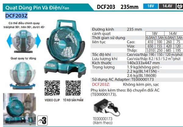 Quạt Dùng Pin Và Điện Makita DCF203Z (18v) (không kèm pin sạc)