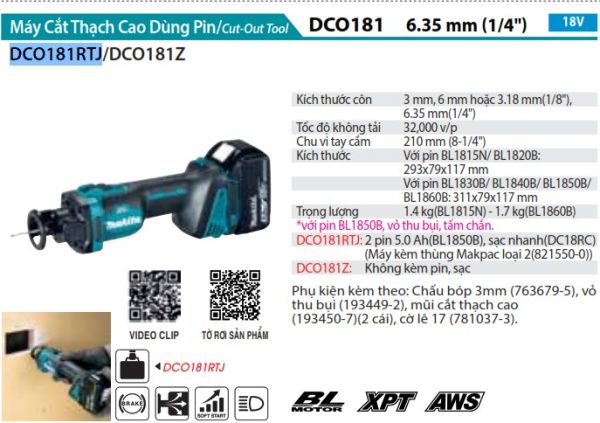 Máy Cắt Thạch Cao Dùng Pin Makita DCO181RTJ (bl)(18v) (kèm 02 pin 5.0 + sạc nhanh)