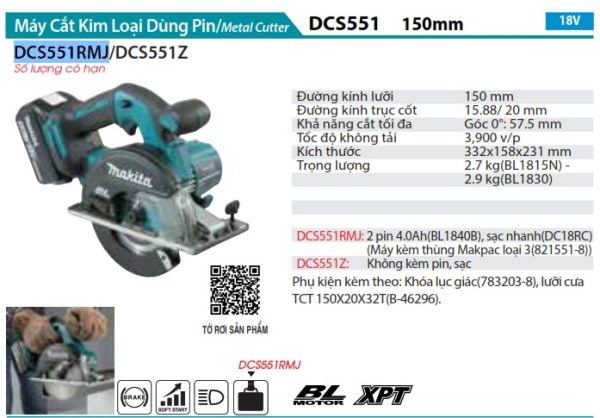 Máy Cắt Kim Loại Dùng Pin Makita DCS551RMJ (150mm/bl)(18v) (kèm 02 pin 4.0ah + sạc nhanh)