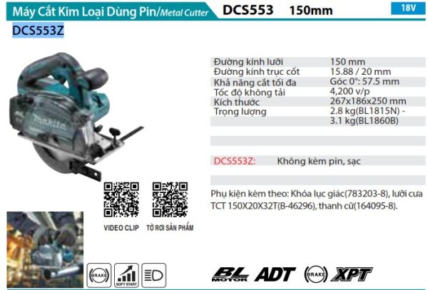 Máy Cắt Kim Loại Dùng Pin Makita DCS553Z (150mm/bl)(18v) (không kèm pin sạc)