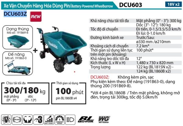 Xe Vận Chuyển Hàng Hóa Dùng Pin Makita DCU603Z (dạng thùng/bl)(18vx2)