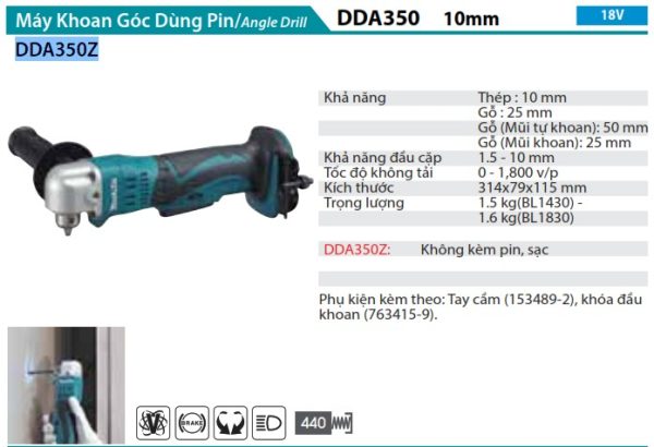 Máy Khoan Góc Dùng Pin Makita DDA350Z (18v) (không kèm pin sạc)