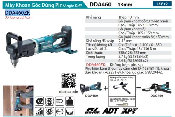 Máy Khoan Góc Dùng Pin Makita DDA460ZK (bl)(18vx2) (không kèm pin sạc)