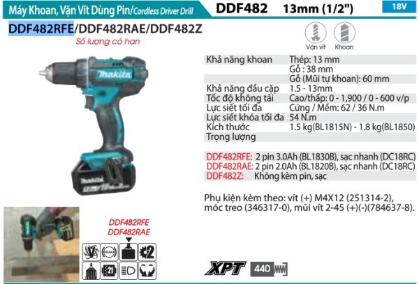 Máy Khoan Và Vặn Vít Dùng Pin Makita DDF482RFE (18v) (kèm 02 pin 3.0 + sạc nhanh)