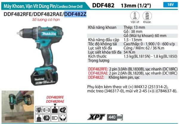 Máy Khoan Và Vặn Vít Dùng Pin Makita DDF482Z (18v) (không kèm pin sạc)