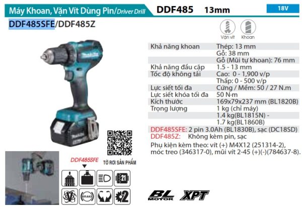 Máy Khoan Và Vặn Vít Dùng Pin Makita DDF484Z (bl)(18v) (không kèm pin sạc)