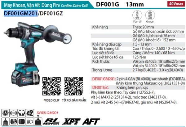 Máy Khoan Và Vặn Vít Dùng Pin Makita DF001GM201 (bl)(40v ma (kèm 02 pin 4.0ah + sạc nhanh)