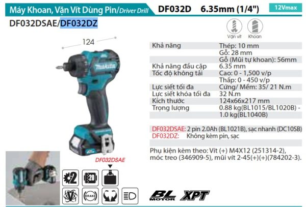 Máy Khoan Và Vặn Vít Dùng Pin Makita DF032DZ (bl)(12v ma (không kèm pin sạc)