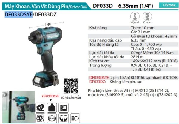 Máy Khoan Và Vặn Vít Dùng Pin Makita DF033DSYE (12v max) (kèm 02 pin 1.5ah + sạc)