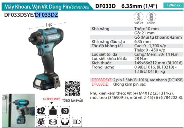 Máy Khoan Và Vặn Vít Dùng Pin Makita DF033DZ (12v max) (không kèm pin sạc)