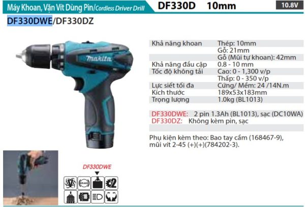 Máy Khoan Và Vặn Vít Dùng Pin Makita DF330DWE (10.8v) (kèm 02 pin 1.5ah + sạc)