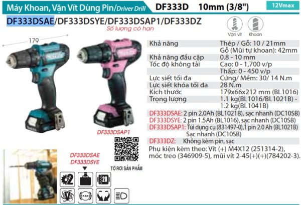 Máy Khoan Và Vặn Vít Dùng Pin Makita DF333DSAE (12v max) (kèm 02 pin 2.0 + sạc)