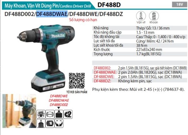 Máy Khoan Và Vặn Vít Dùng Pin Makita DF488DWAE (kèm 02 pin 2.0+ sạc)