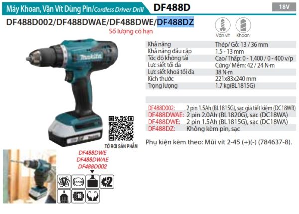 Máy Khoan Và Vặn Vít Dùng Pin Makita DF488DZ (18v) (không kèm pin sạc)