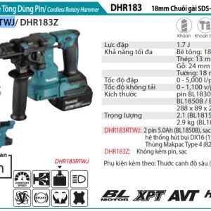 Máy Khoan Bê Tông Dùng Pin Makita DHR183RTWJ (chuôi gài sds'-plus/18mm/bl)(18v)