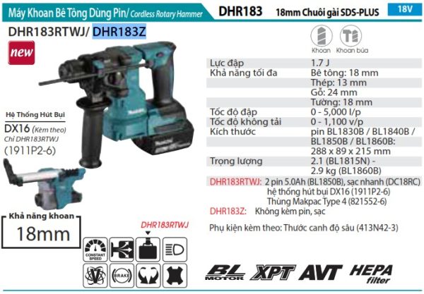 Máy Khoan Bê Tông Dùng Pin Makita DHR183Z (chuôi gài sds'-plus/18mm/bl)(18v)