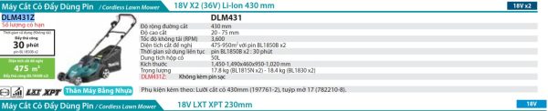 Máy Cắt Cỏ Đẩy Dùng Pin Makita DLM431Z (430mm)(18vx2) (không kèm pin sạc)