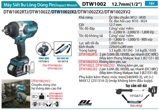 Máy Siết Bu Lông Dùng Pin Makita DTW1002JX2 (12.7mm/dây đeo (kèm 02 pin 5.0 + sạc nhanh)