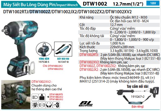 Máy Siết Bu Lông Dùng Pin Makita DTW1002Z (12.7mm/bl) (không kèm pin sạc)