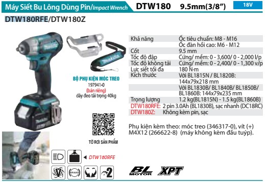 Máy Siết Bu Lông Dùng Pin Makita DTW180RFE (9.5mm/bl)(18v) (kèm 02 pin 3.0 + sạc nhanh)