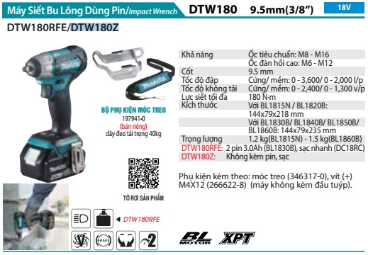 Máy Siết Bu Lông Dùng Pin Makita DTW180Z (9.5mm/bl)(18v) (không kèm pin sạc)