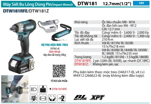 Máy Siết Bu Lông Dùng Pin Makita DTW181RFE (12.7mm/bl) (kèm 02 pin 3.0 + sạc nhanh)