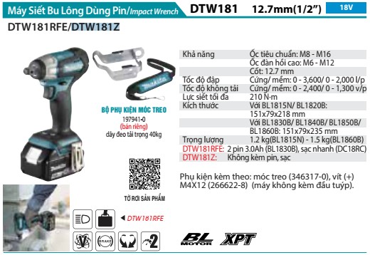 Máy Siết Bu Lông Dùng Pin Makita DTW181Z (12.7mm/bl) (không kèm pin sạc)