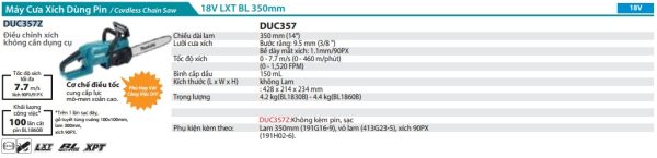 Máy Cưa Xích Dùng Pin Makita DUC357Z (350mm/90px/bl)18v (không kèm pin sạc)