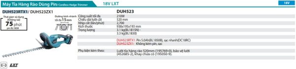 Máy Tỉa Hàng Rào Dùng Pin Makita DUH523RTX1 (520mm)(18v) (kèm 01 pin 5.0 + sạc nhanh)
