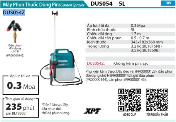 Máy Phun Thuốc Dùng Pin Makita DUS054Z (5l)(18v) (không kèm pin sạc)