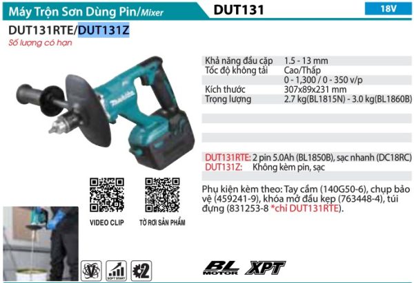 Máy Trộn Sơn Dùng Pin Makita DUT131Z (bl)(18v) (không kèm pin sạc)